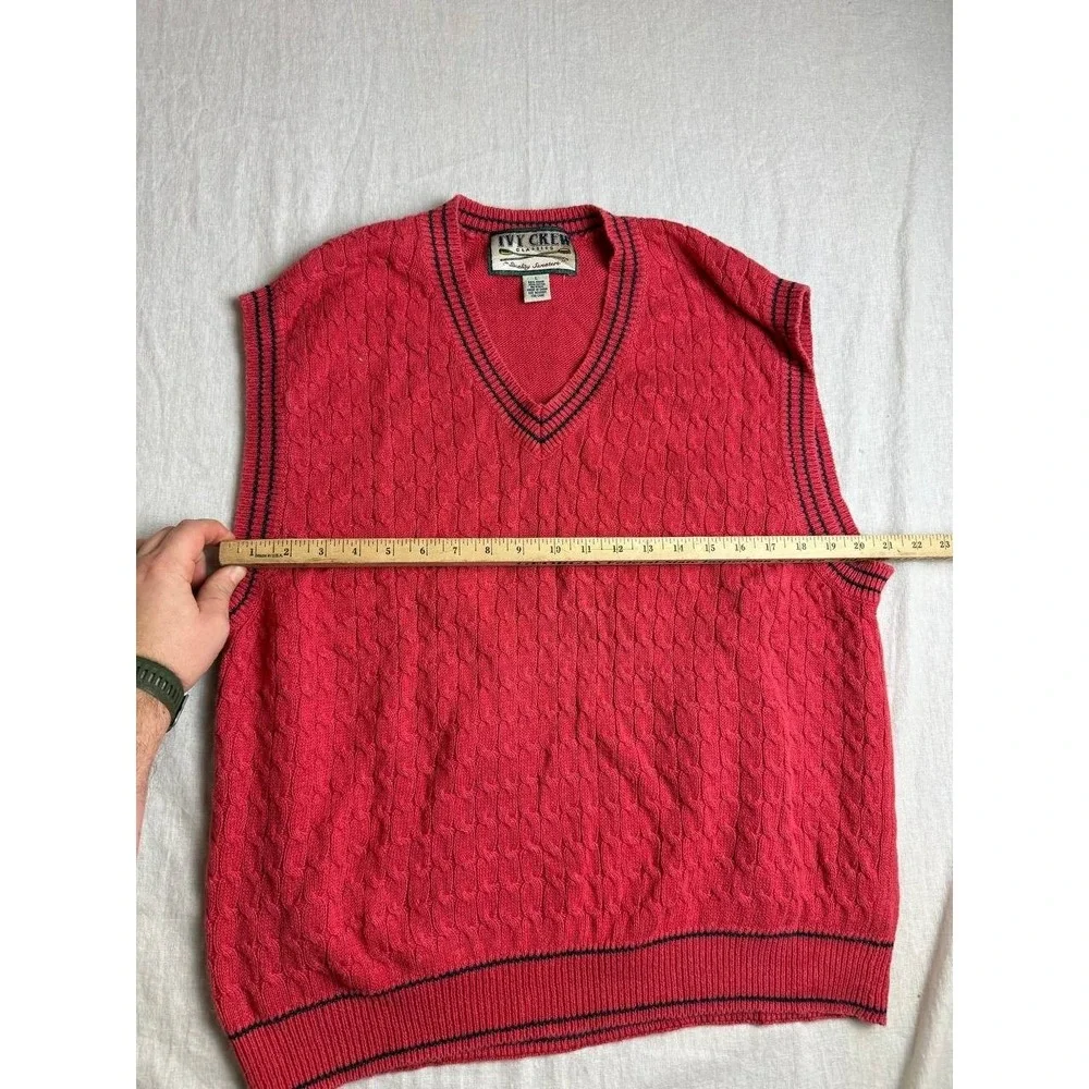 Ivy Crew Sweater Vest Mens Large Red Cable Knit Button-up‎ Ramie Cotton Preppy